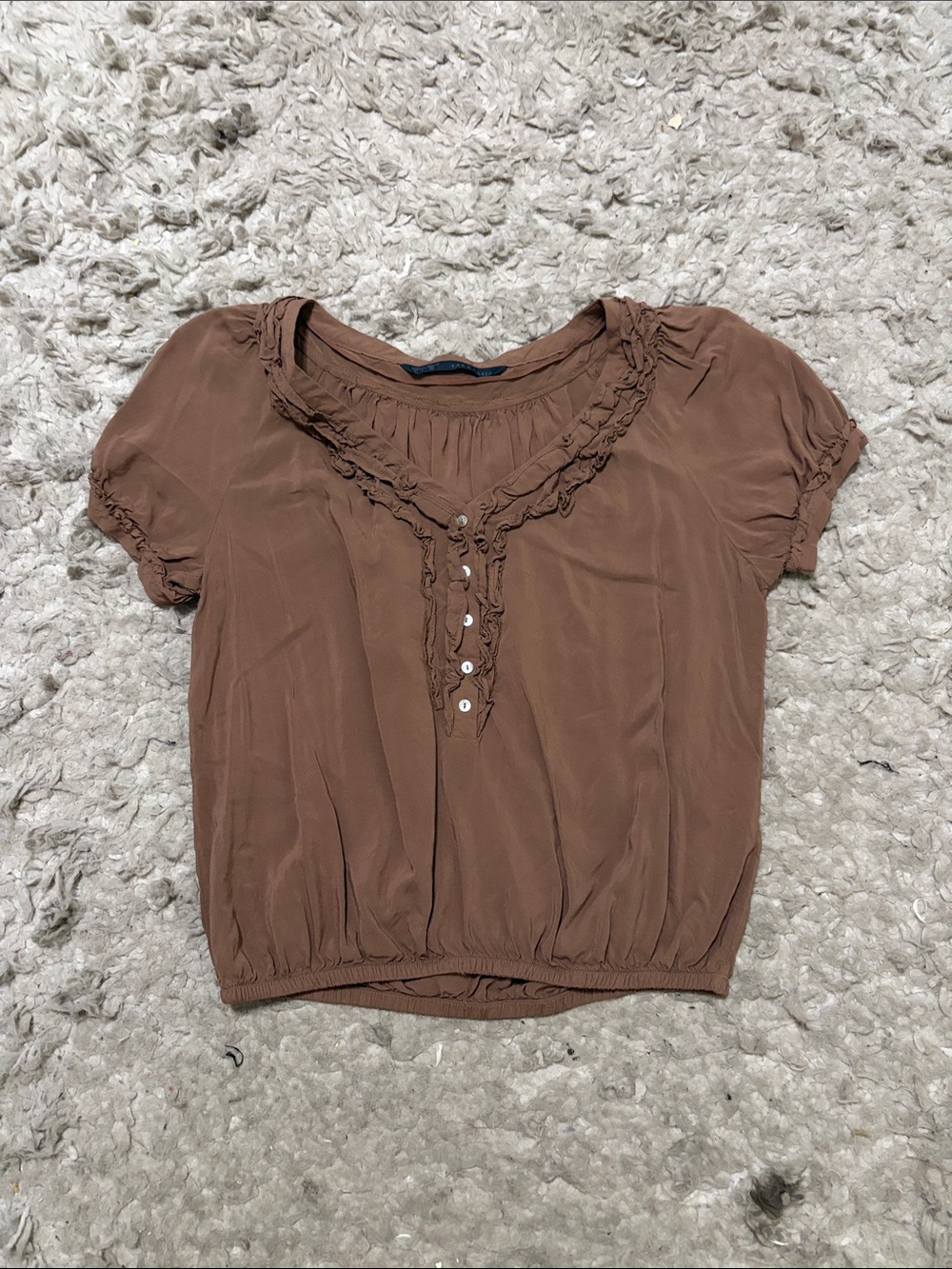 Zara Brown Short-Sleeve Ruffle-Trim Button Top